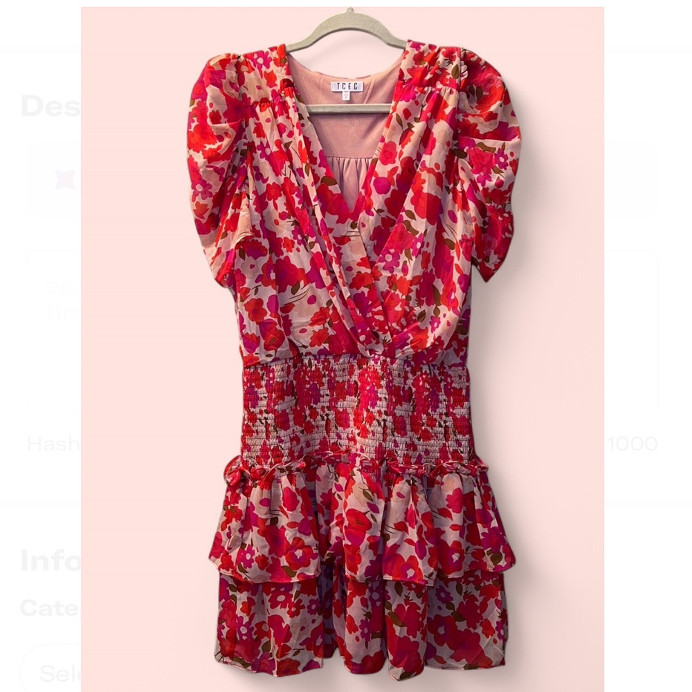 TCEC Puff Sleeve Wrap Mini Smocked/ Ruffle Dress